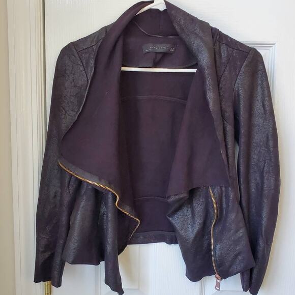 Zara Jacket Size S Funnel Neck Full Zip Moto Vegan Suede Faux Leather Look Fall - Picture 4 of 15